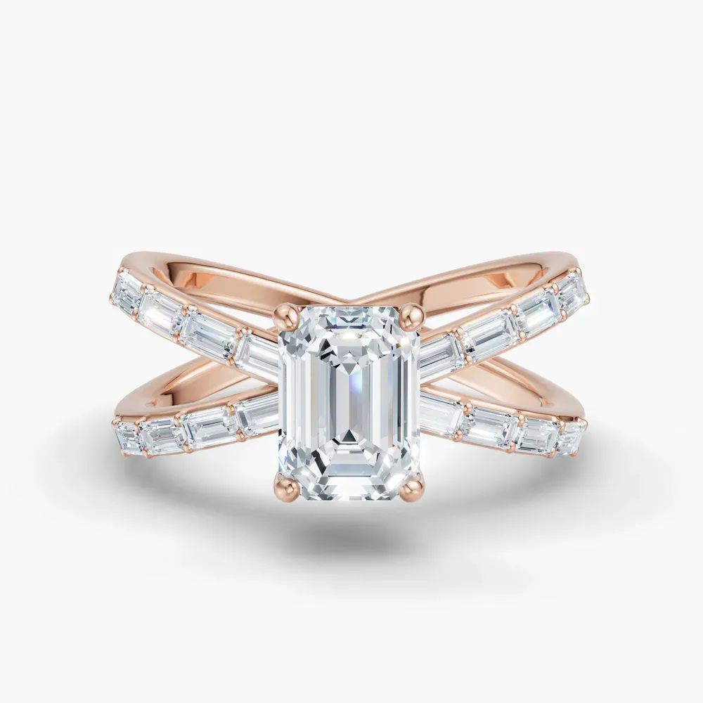 Certified 1 carat Lab Grown Diamond Emerald Cut Baguette, Unique, Split Shank Engagement Ring in 14K Rose Gold-Luminara
