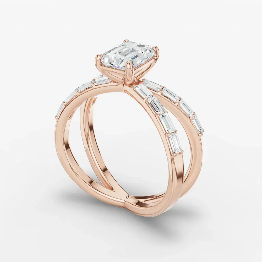 Certified 1 carat Lab Grown Diamond Emerald Cut Baguette, Unique, Split Shank Engagement Ring in 14K Rose Gold-Luminara