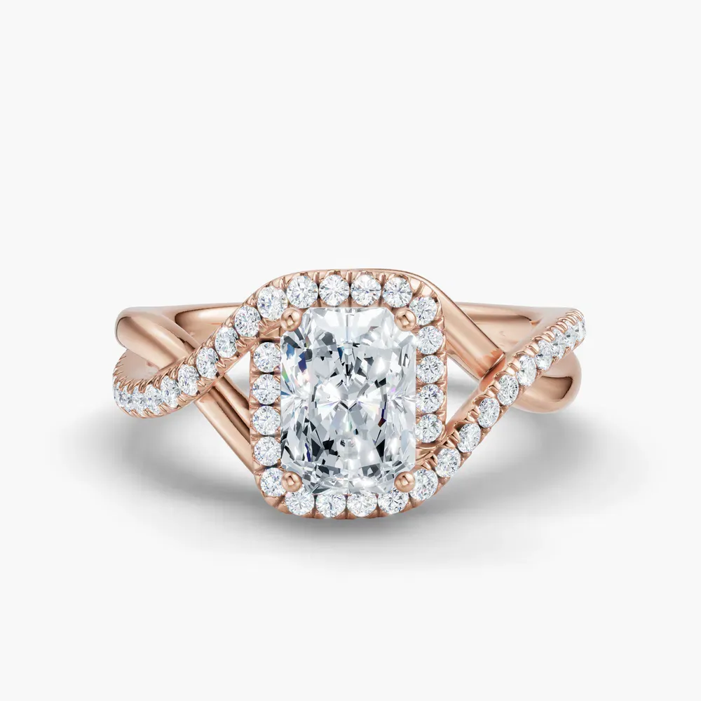 Certified 1 carat Lab Grown Diamond Radiant Cut Halo, Pavé, Twist Engagement Ring in 14K Rose Gold-Dell