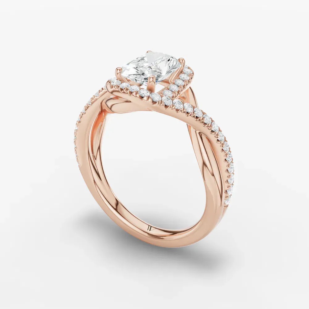 Certified 1 carat Lab Grown Diamond Radiant Cut Halo, Pavé, Twist Engagement Ring in 14K Rose Gold-Dell