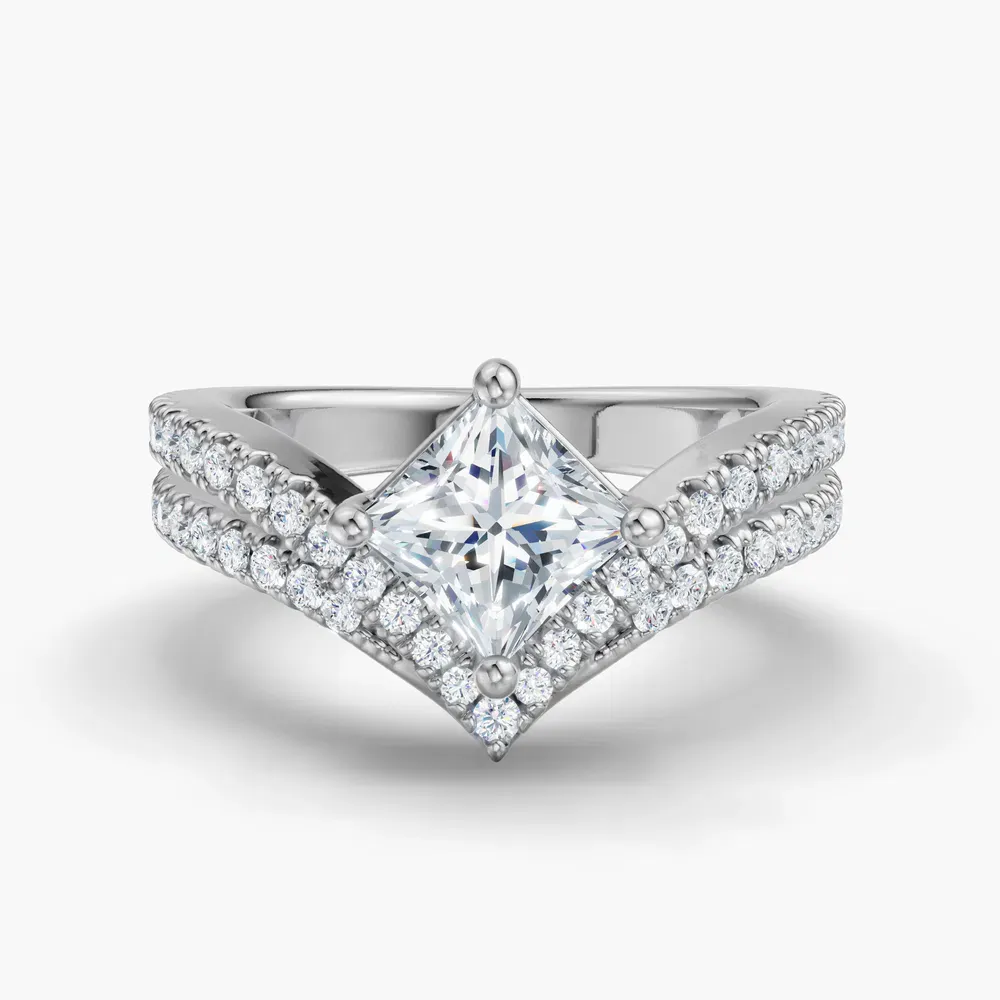 Certified 1 carat Lab Grown Diamond Princess Cut Pavé, Unique, Floating Engagement Ring in 14K White Gold-Soli
