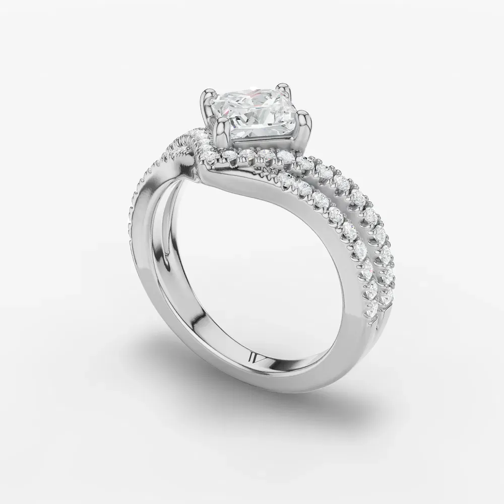 Certified 1 carat Lab Grown Diamond Princess Cut Pavé, Unique, Floating Engagement Ring in 14K White Gold-Soli