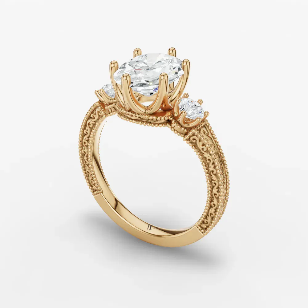 Certified 1 carat Lab Grown Diamond Oval Cut Three Stone, Unique, Milgrain Engagement Ring in 14K Yellow Gold-Zara