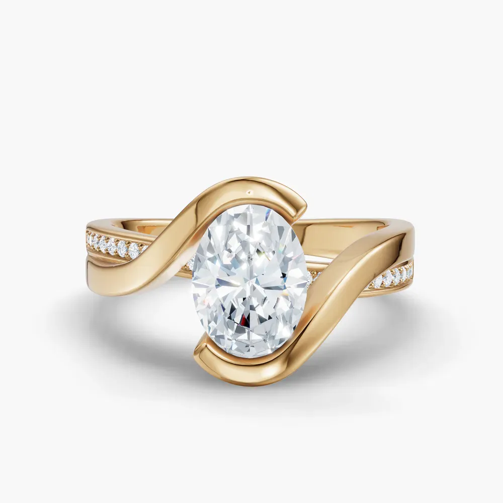Certified 1 carat Lab Grown Diamond Oval Cut Bezel, Modern, Split Shank Engagement Ring in 14K Yellow Gold-Elara