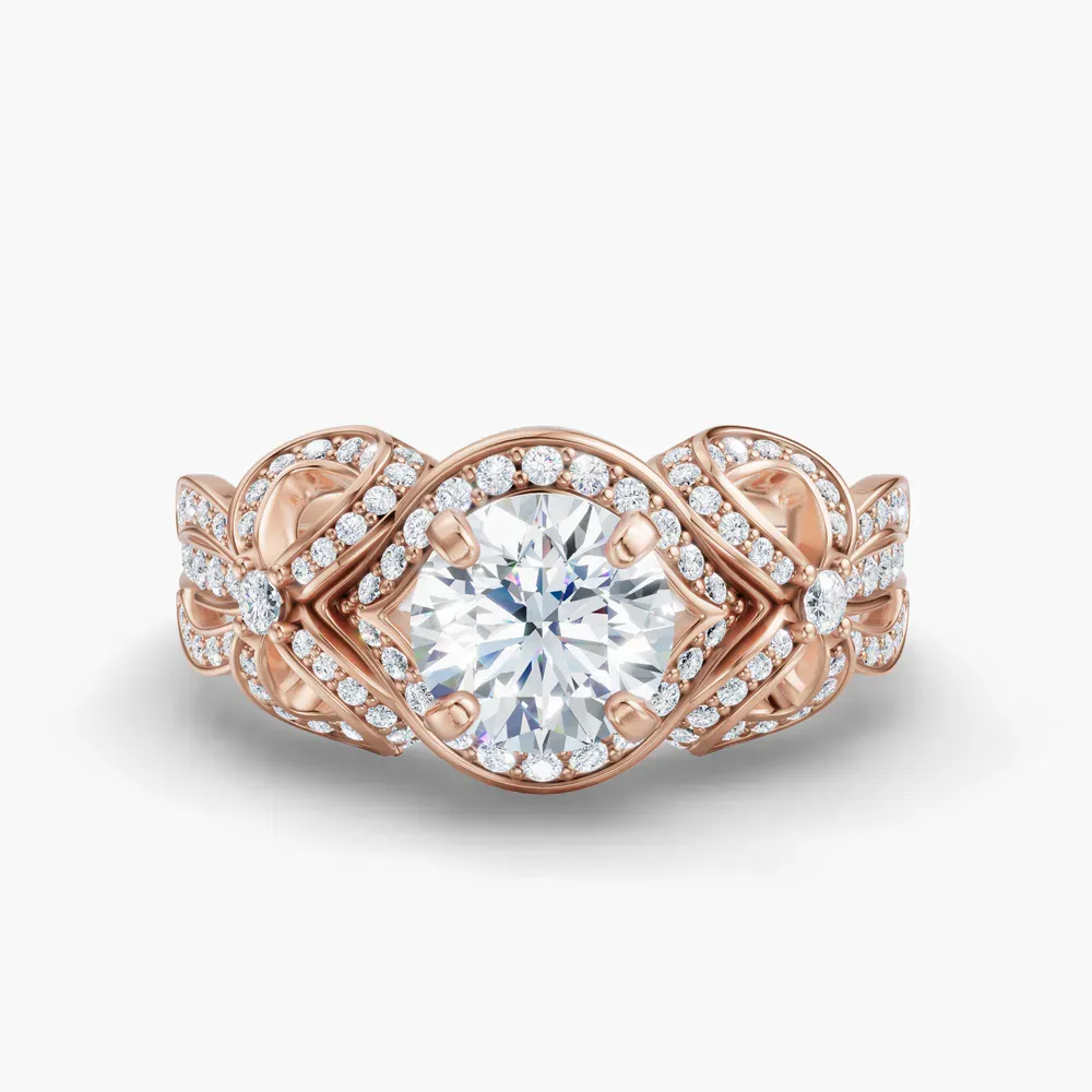 Certified 1 carat Lab Grown Diamond Round Cut Halo, Unique, Pavé Engagement Ring in 14K Rose Gold-Calista