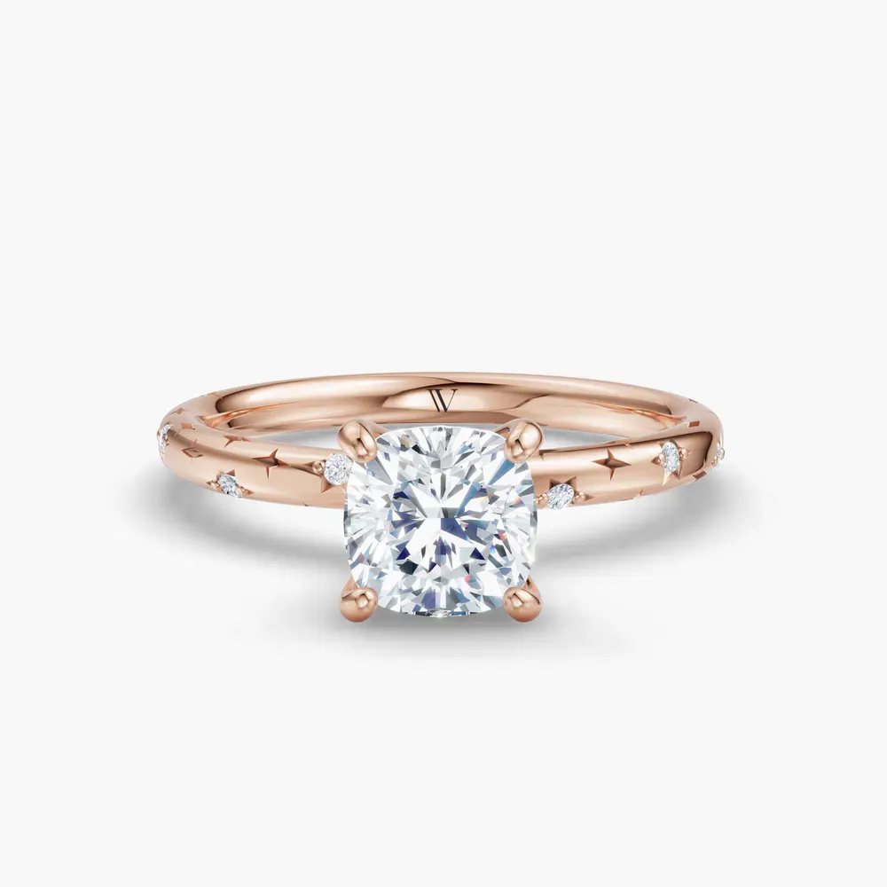 Certified 1 carat Lab Grown Diamond Cushion Cut Hidden Halo, Unique, Side Stone Engagement Ring in 14K Rose Gold-Celestyn