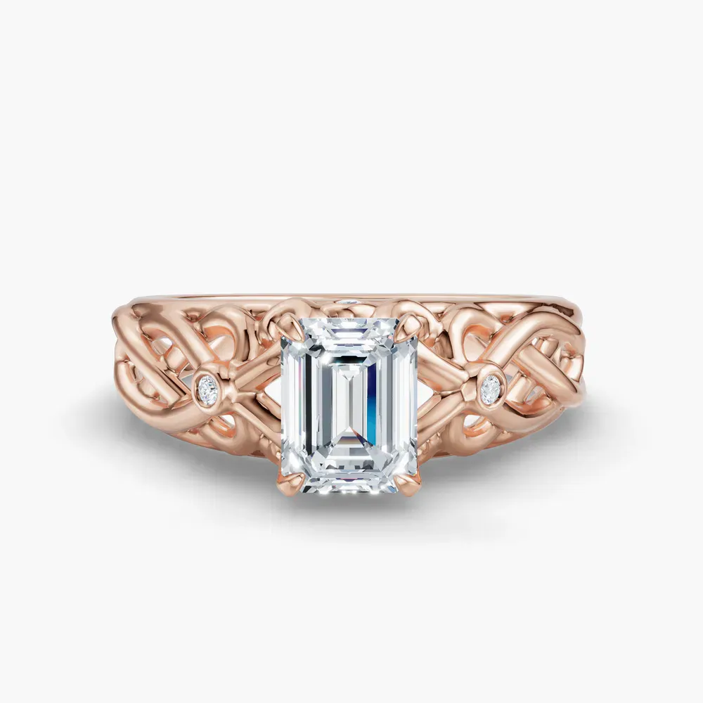 Certified 1 carat Lab Grown Diamond Emerald Cut Split Shank, Vintage, Twist Engagement Ring in 14K Rose Gold-Seren