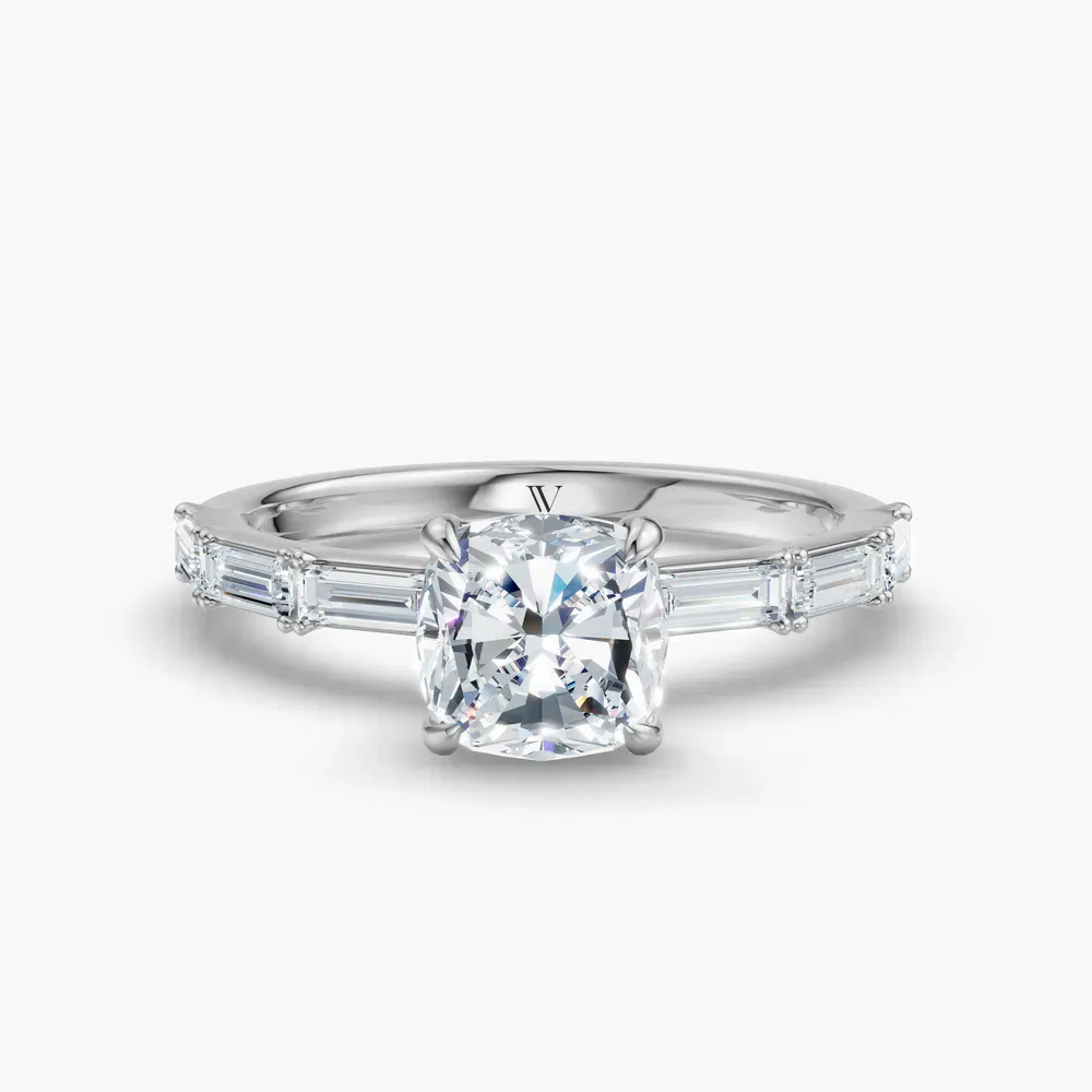 Certified 1 carat Lab Grown Diamond Cushion Cut Baguette, Side Stone Engagement Ring in 18K White Gold-Lunark