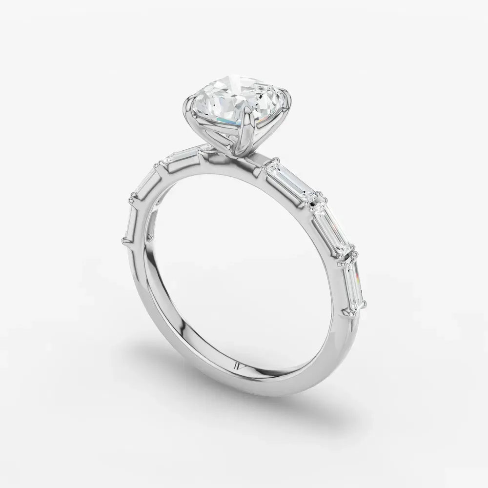 Certified 1 carat Lab Grown Diamond Cushion Cut Baguette, Side Stone Engagement Ring in 18K White Gold-Lunark