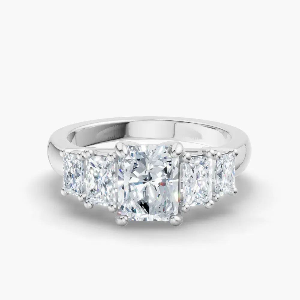 Certified 1 carat Lab Grown Diamond Radiant Cut Five Stone, Side Stone Engagement Ring in 14K White Gold-Velaris