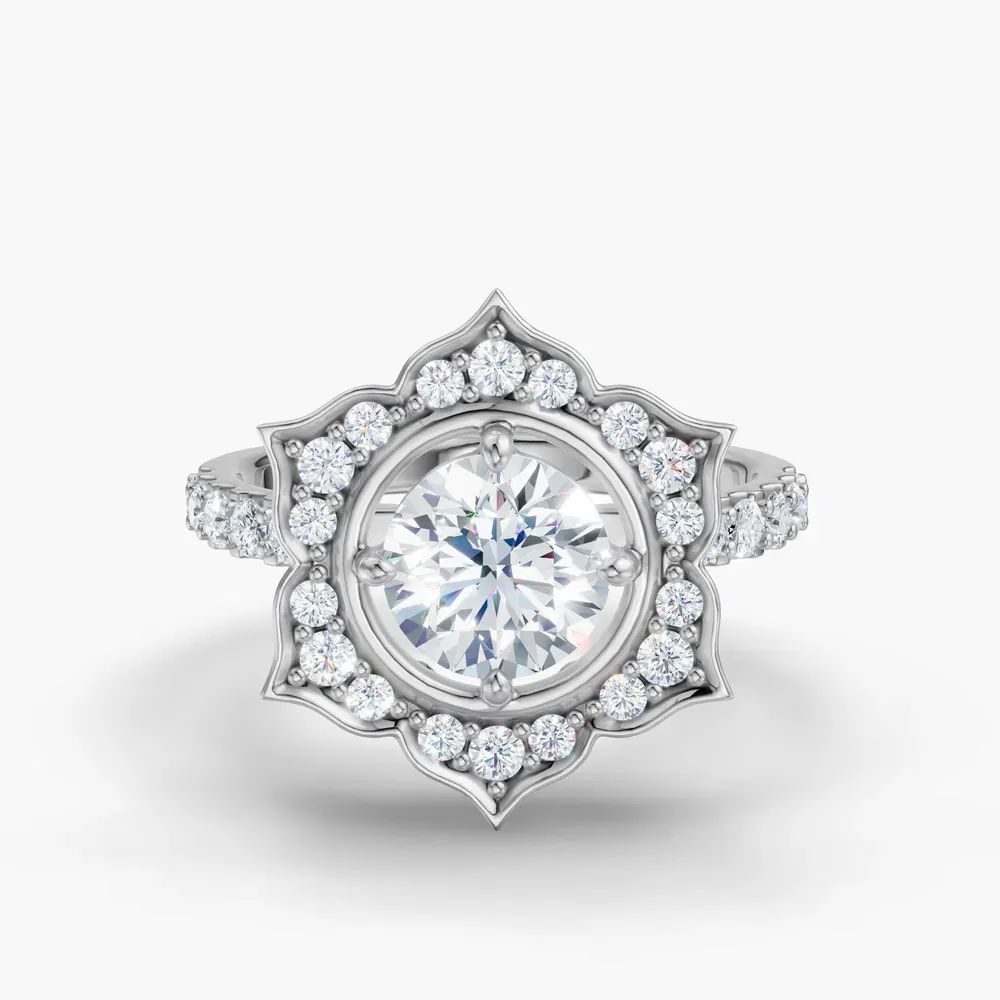 Certified 1 carat Lab Grown Diamond Round Cut Floral, Halo, Four Prong Engagement Ring in 18K White Gold-Dew