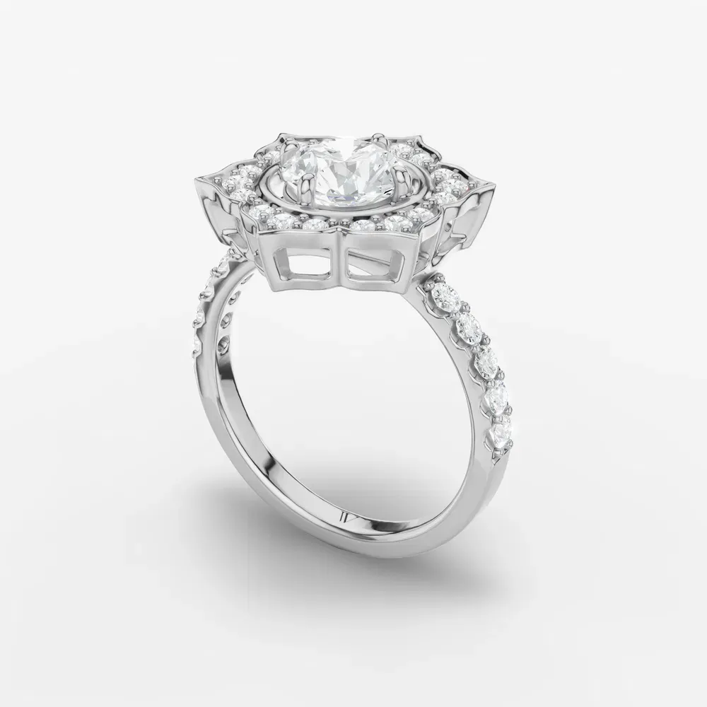 Certified 1 carat Lab Grown Diamond Round Cut Floral, Halo, Four Prong Engagement Ring in 18K White Gold-Dew
