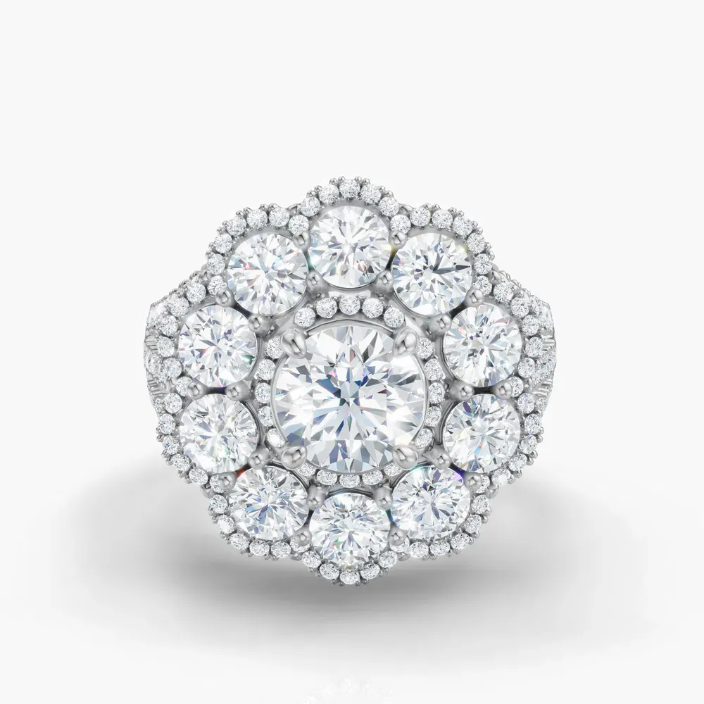 Certified 1 carat Lab Grown Diamond Round Cut Floral, Cluster, Split Shank Engagement Ring in 18K White Gold-Moss