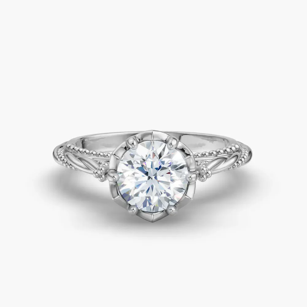 Certified 1 carat Lab Grown Diamond Round Cut Solitaire, Milgrain, Vintage Engagement Ring in 18K White Gold-Thistle