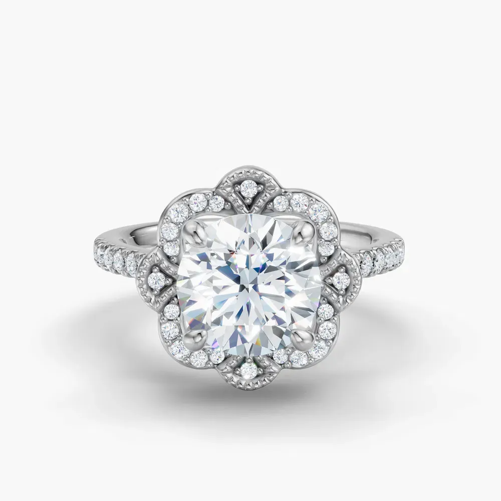 Certified 1 carat Lab Grown Diamond Round Cut Halo, Floral, Vintage Engagement Ring in 18K White Gold-Willow