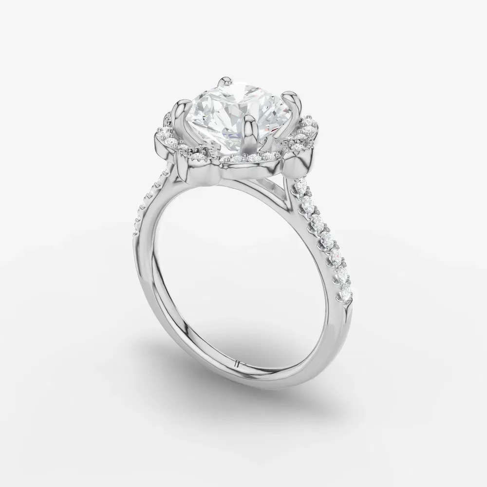 Certified 1 carat Lab Grown Diamond Round Cut Halo, Floral, Vintage Engagement Ring in 18K White Gold-Willow