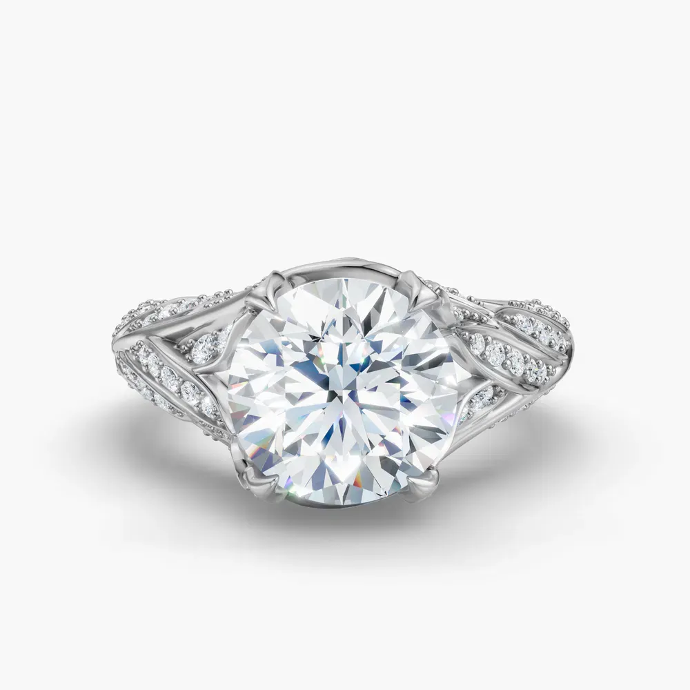 Certified 2 carat Lab Grown Diamond Round Cut Nature inspired, Pavé, Four Prong Engagement Ring in 14K White Gold-Rift