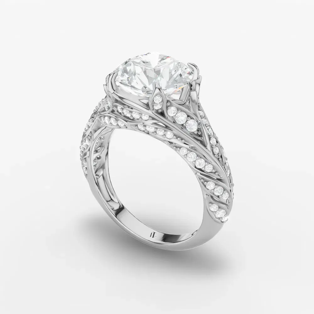 Certified 2 carat Lab Grown Diamond Round Cut Nature inspired, Pavé, Four Prong Engagement Ring in 14K White Gold-Rift