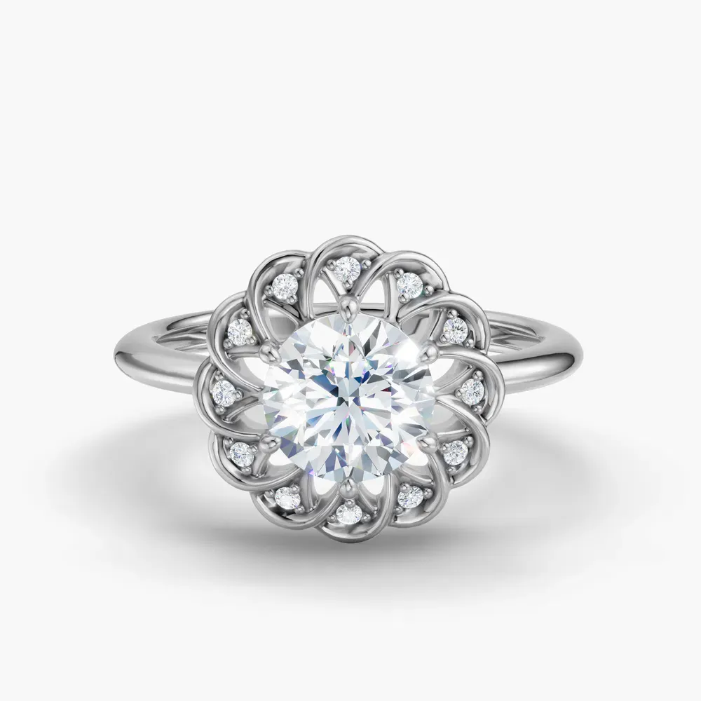 Certified 1 carat Lab Grown Diamond Round Cut Floral, Nature inspired, Six Prong Engagement Ring in 14K White Gold-Gleam