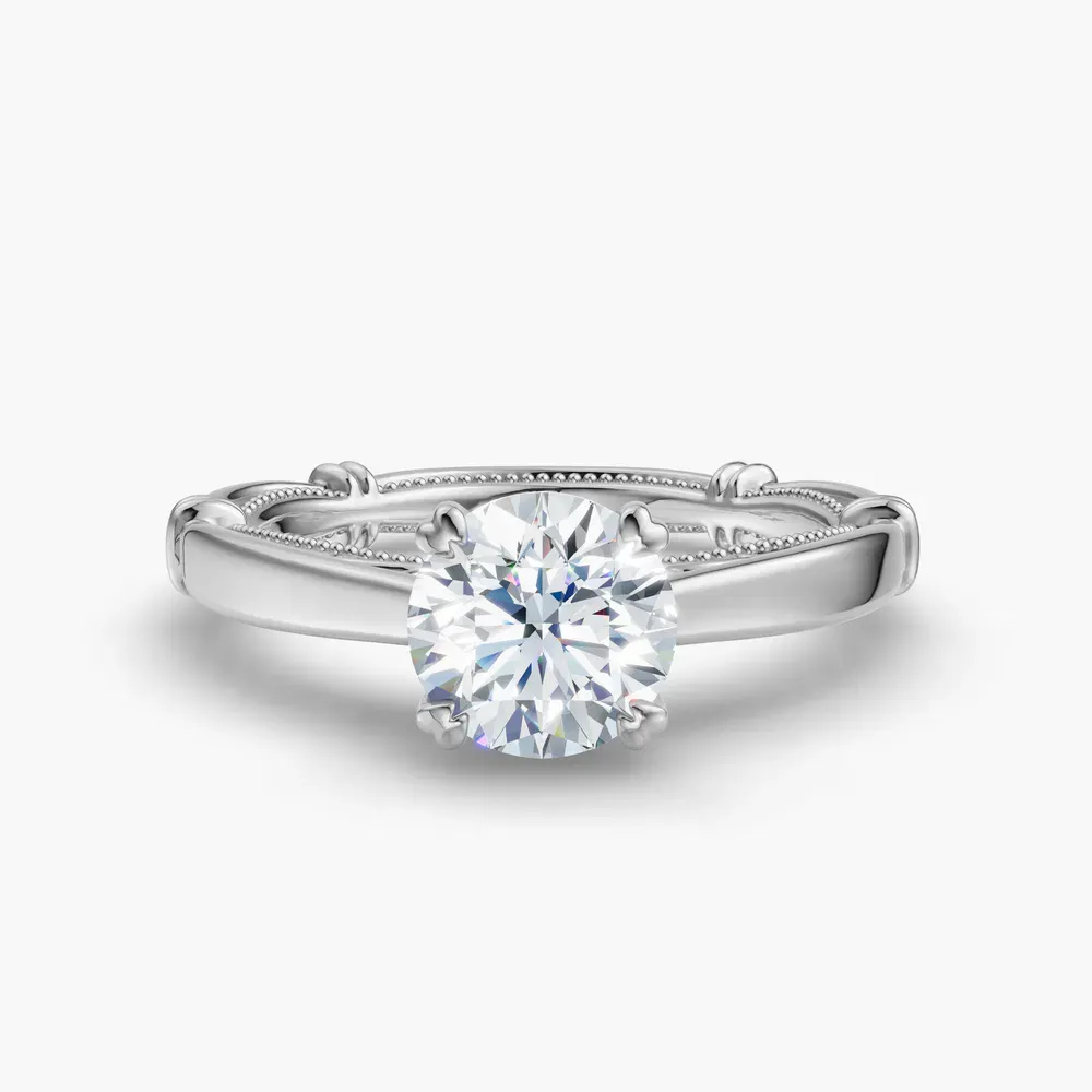 Certified 1 carat Lab Grown Diamond Round Cut Vintage, Milgrain, Nature inspired Engagement Ring in 18K White Gold-Qoxi