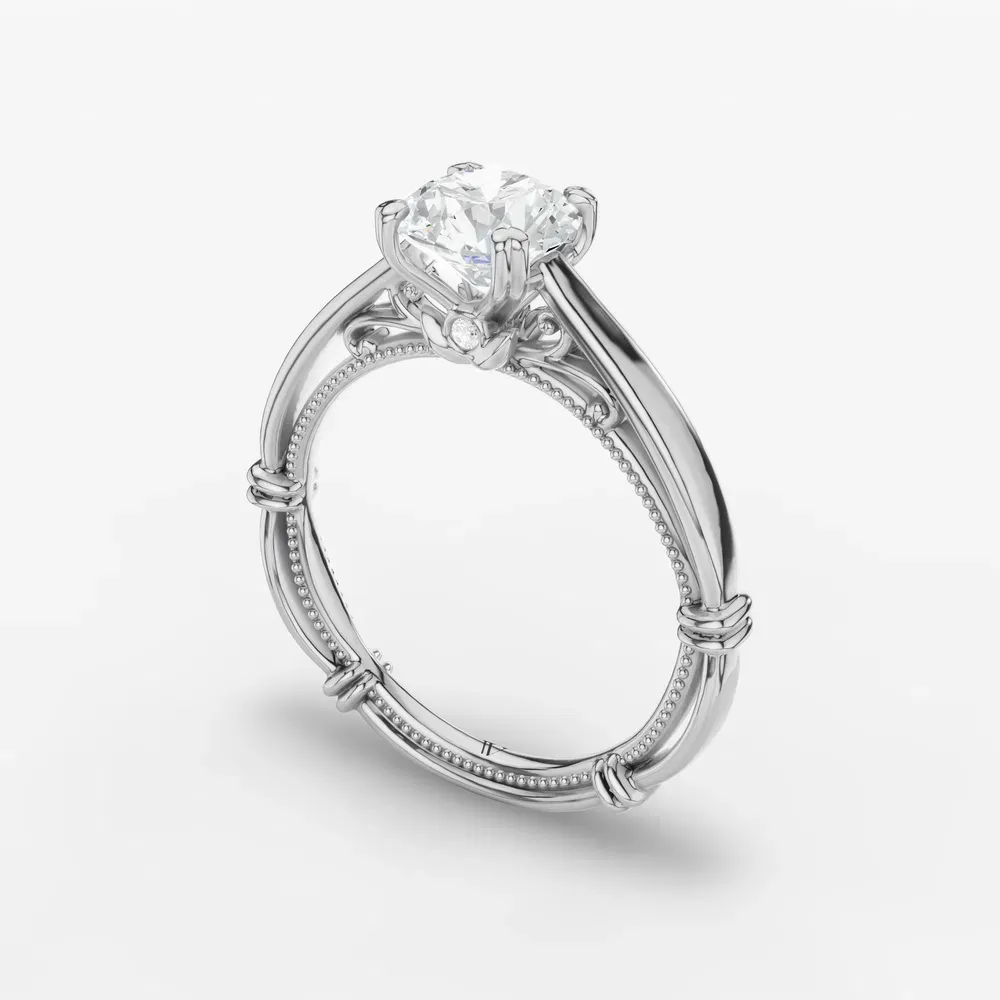 Certified 1 carat Lab Grown Diamond Round Cut Vintage, Milgrain, Nature inspired Engagement Ring in 18K White Gold-Qoxi