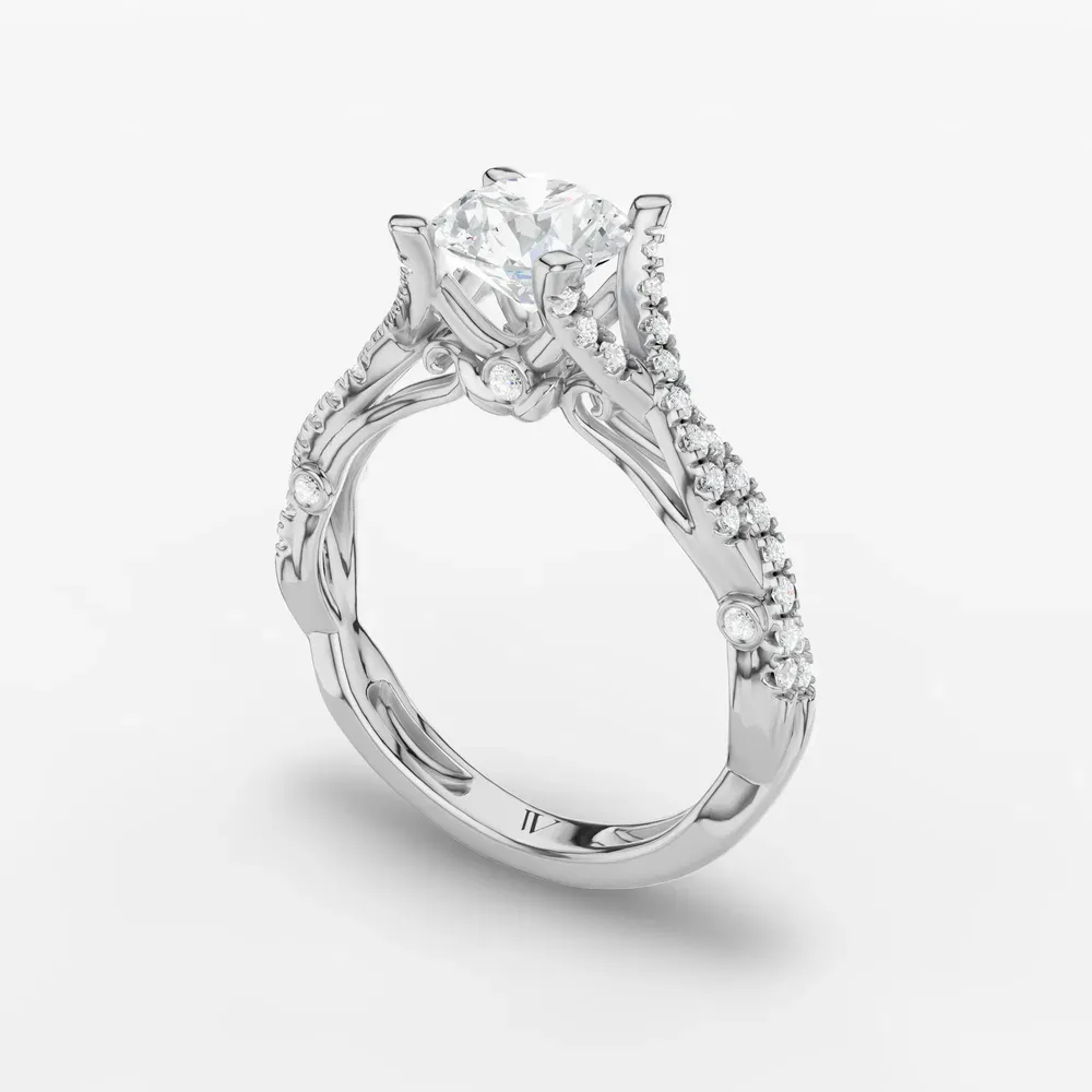 Certified 1 carat Lab Grown Diamond Round Cut Pavé, Twist, Split Shank Engagement Ring in 18K White Gold-Firova