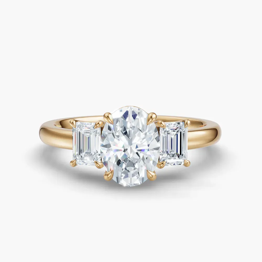 Certified 1 carat Lab Grown Diamond Oval Cut Three Stone, Side Stone, Low profile Engagement Ring in 14K Yellow Gold-Nectarl