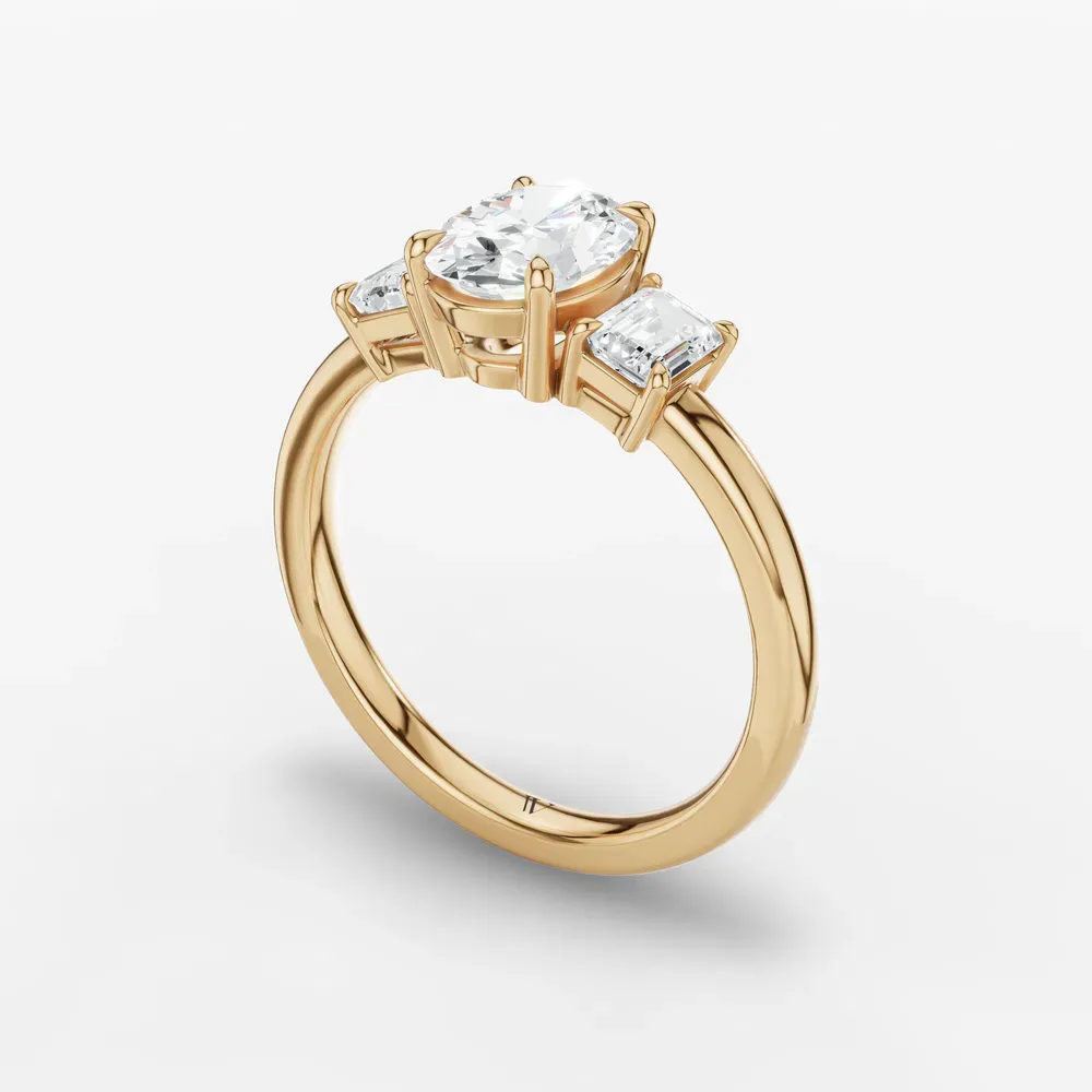 Certified 1 carat Lab Grown Diamond Oval Cut Three Stone, Side Stone, Low profile Engagement Ring in 14K Yellow Gold-Nectarl