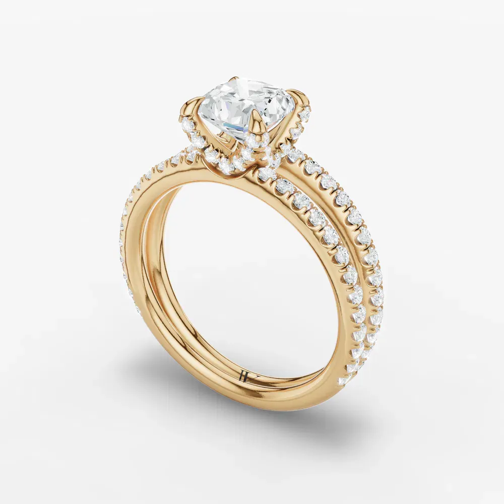 Certified 1 carat Lab Grown Diamond Cushion Cut Pavé, Split Shank, Hidden Halo Engagement Ring in 14K Yellow Gold-Soren