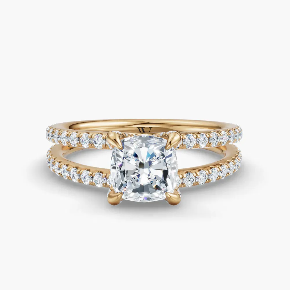 Certified 1 carat Lab Grown Diamond Cushion Cut Pavé, Split Shank, Hidden Halo Engagement Ring in 14K Yellow Gold-Soren