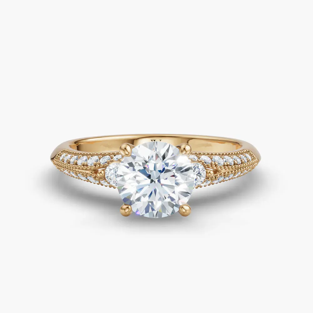 Certified 1 carat Lab Grown Diamond Round Cut Milgrain, Three Stone, Pavé Engagement Ring in 18K Yellow Gold-Avery