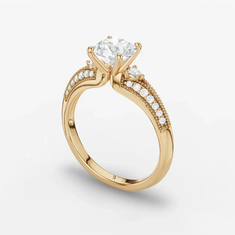 Certified 1 carat Lab Grown Diamond Round Cut Milgrain, Three Stone, Pavé Engagement Ring in 18K Yellow Gold-Avery