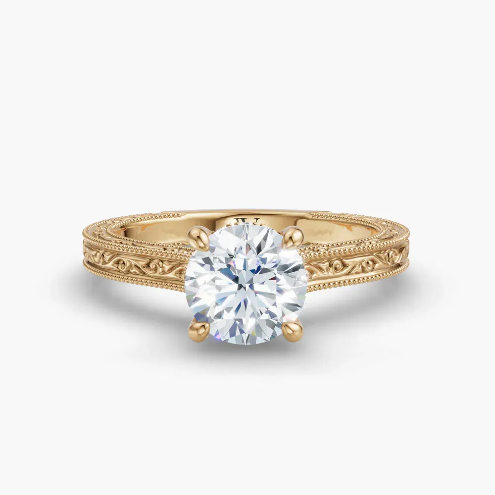 Certified 1 carat Lab Grown Diamond Round Cut Hidden Halo, Cathedral, Vintage Engagement Ring in 18K Yellow Gold-Echo
