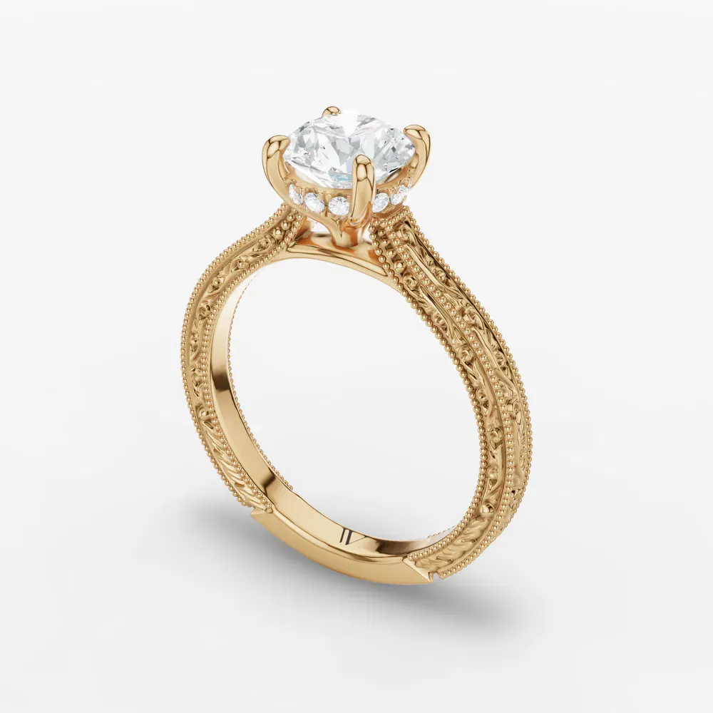 Certified 1 carat Lab Grown Diamond Round Cut Hidden Halo, Cathedral, Vintage Engagement Ring in 18K Yellow Gold-Echo