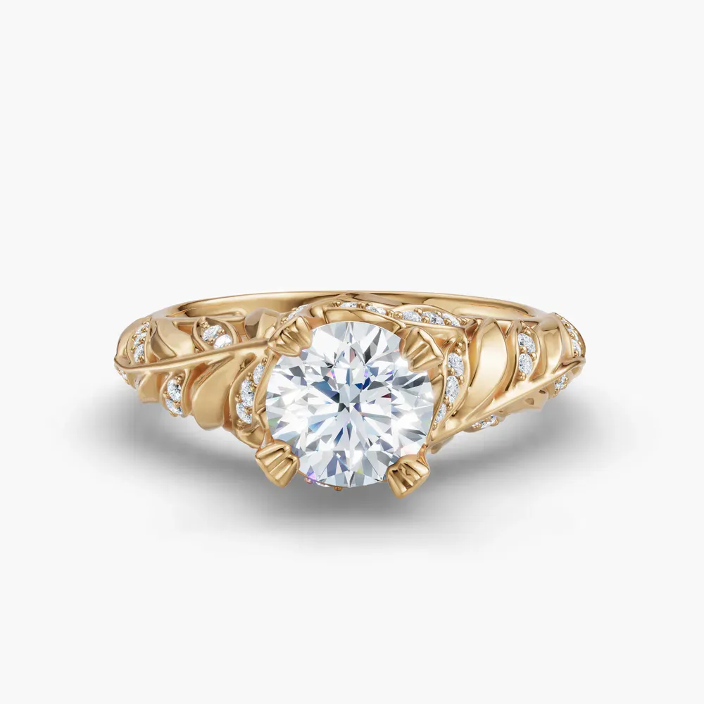 Certified 1 carat Lab Grown Diamond Round Cut Nature inspired, Vintage, Unique Engagement Ring in 18K Yellow Gold-Vibe