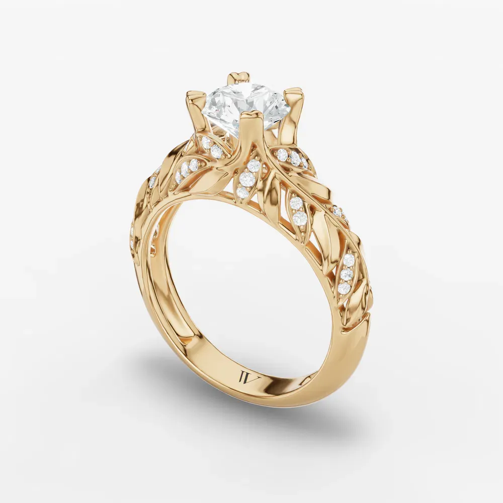 Certified 1 carat Lab Grown Diamond Round Cut Nature inspired, Vintage, Unique Engagement Ring in 18K Yellow Gold-Vibe