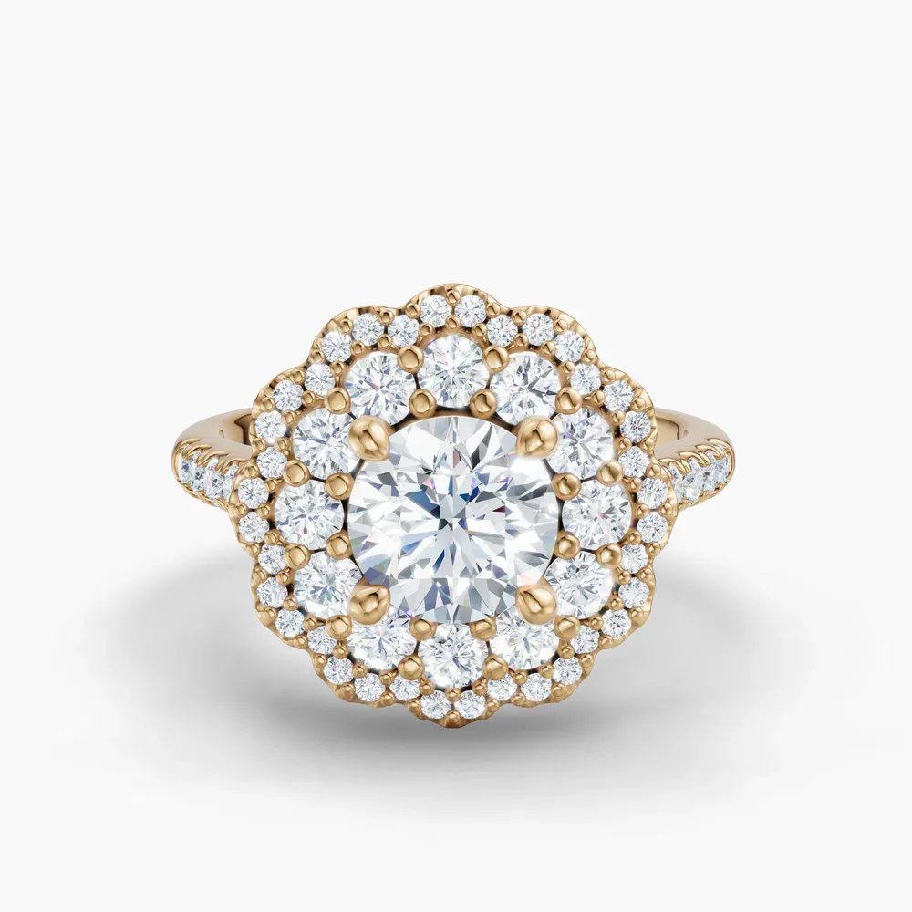 Certified 1 carat Lab Grown Diamond Round Cut Double halo, Cathedral, Nature inspired Engagement Ring in 18K Yellow Gold-Hiveli