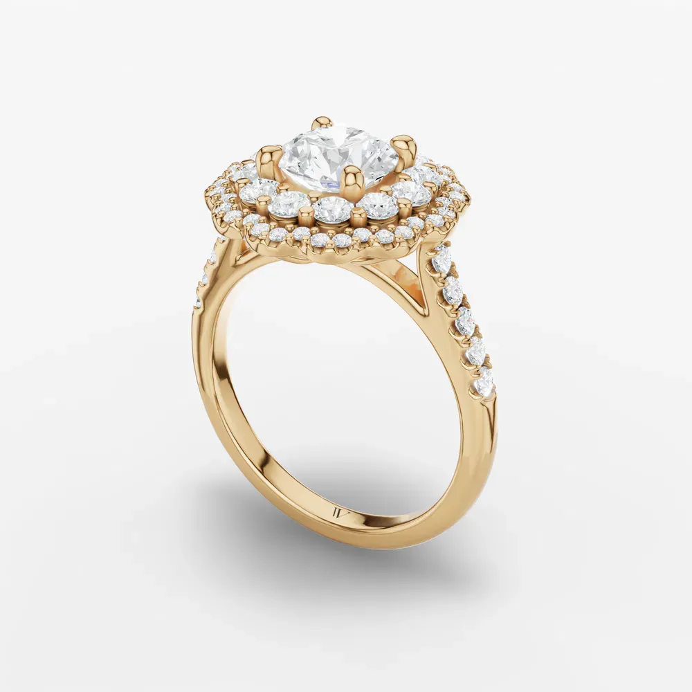Certified 1 carat Lab Grown Diamond Round Cut Double halo, Cathedral, Nature inspired Engagement Ring in 18K Yellow Gold-Hiveli