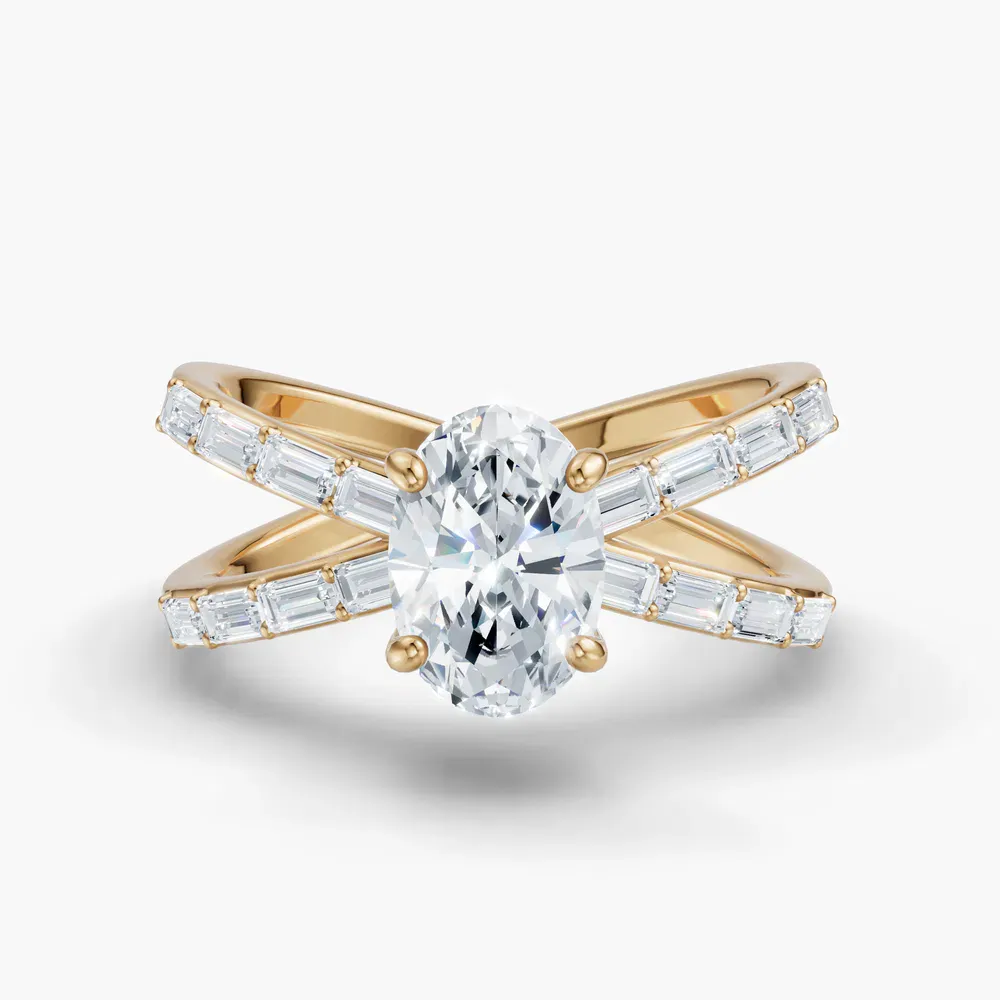 Certified 1 carat Lab Grown Diamond Oval Cut Baguette, Unique, Split Shank Engagement Ring in 14K Yellow Gold-Luminara