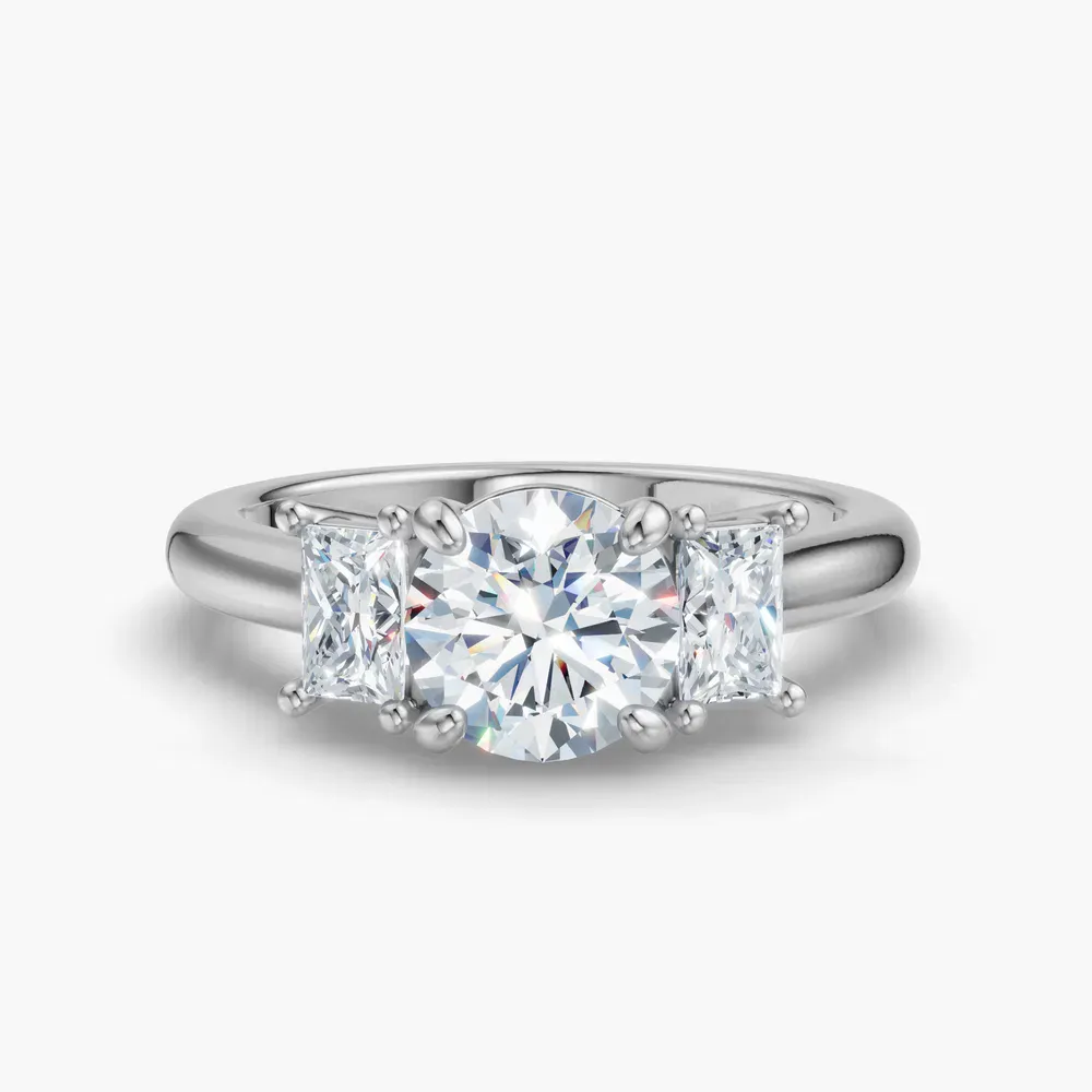 Certified 1 carat Lab Grown Diamond Round Cut Three Stone, Four Prong, Side Stone Engagement Ring in 14K White Gold-Dravon