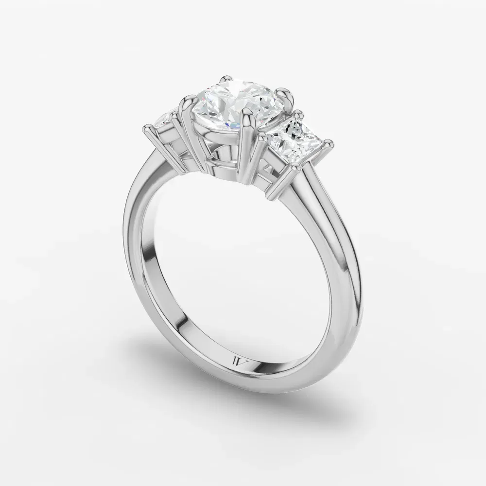Certified 1 carat Lab Grown Diamond Round Cut Three Stone, Four Prong, Side Stone Engagement Ring in 14K White Gold-Dravon