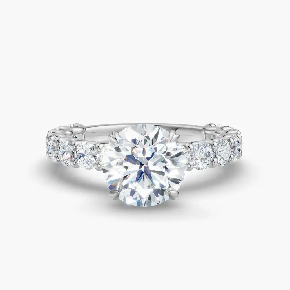 Certified 1 carat Lab Grown Diamond Round Cut Hidden Halo, Side Stone, Four Prong Engagement Ring in 14K White Gold-Miro