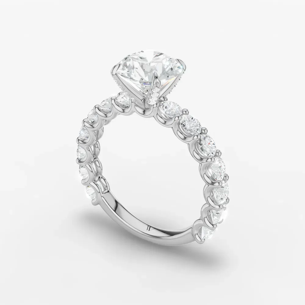 Certified 1 carat Lab Grown Diamond Round Cut Hidden Halo, Side Stone, Four Prong Engagement Ring in 14K White Gold-Miro