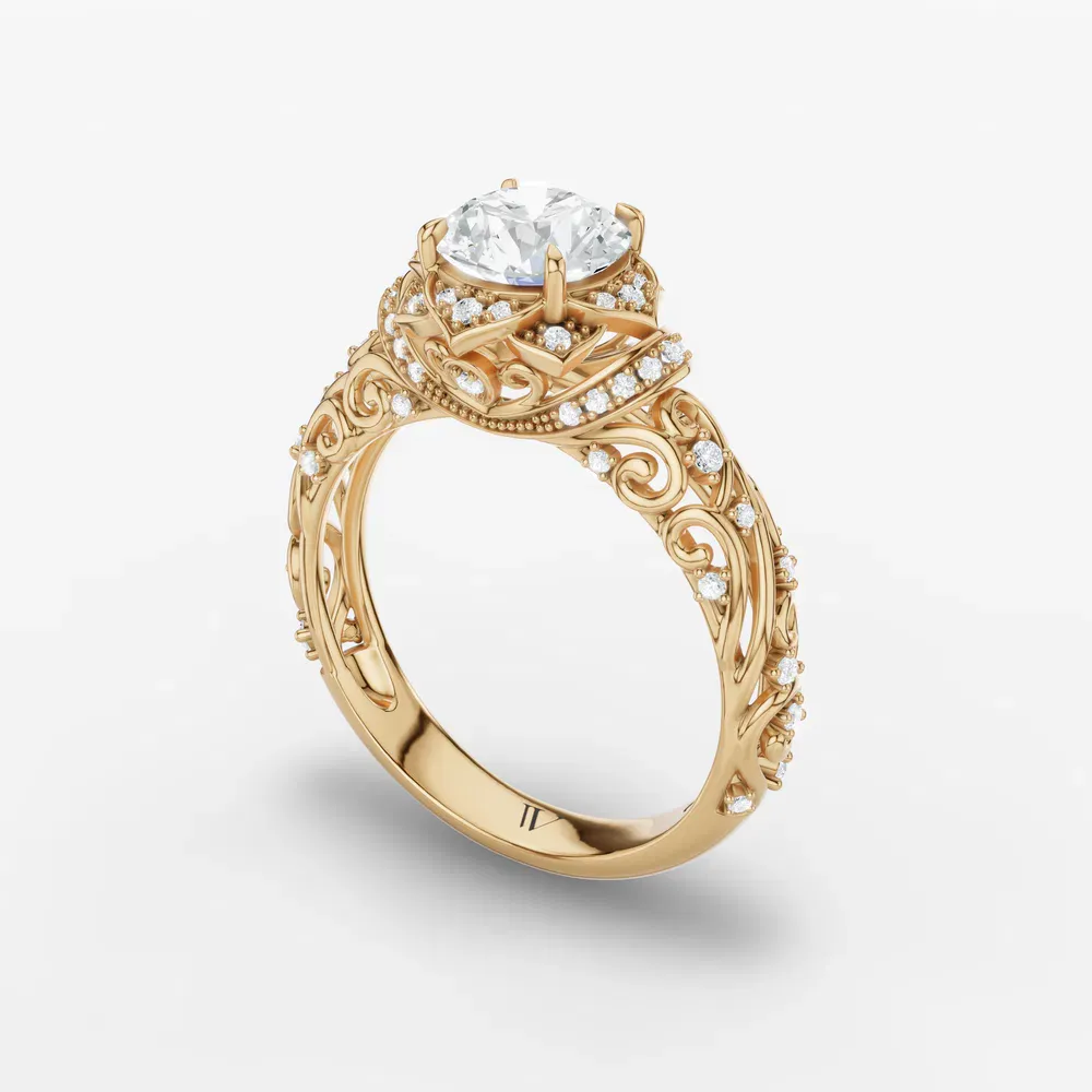 Certified 1 carat Lab Grown Diamond Round Cut Vintage, Filigree, Floral Engagement Ring in 14K Yellow Gold-Delyn