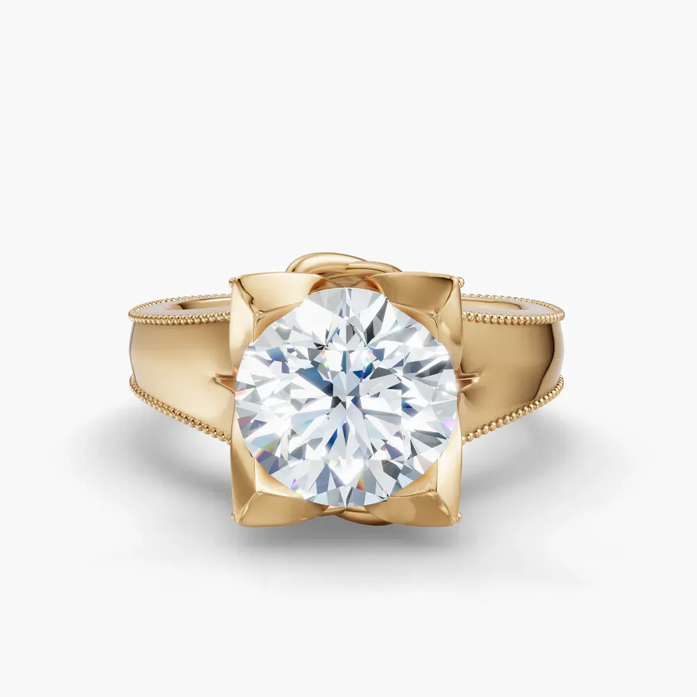 Certified 1 carat Lab Grown Diamond Round Cut Solitaire, Twist, Milgrain Engagement Ring in 14K Yellow Gold-Ivryn