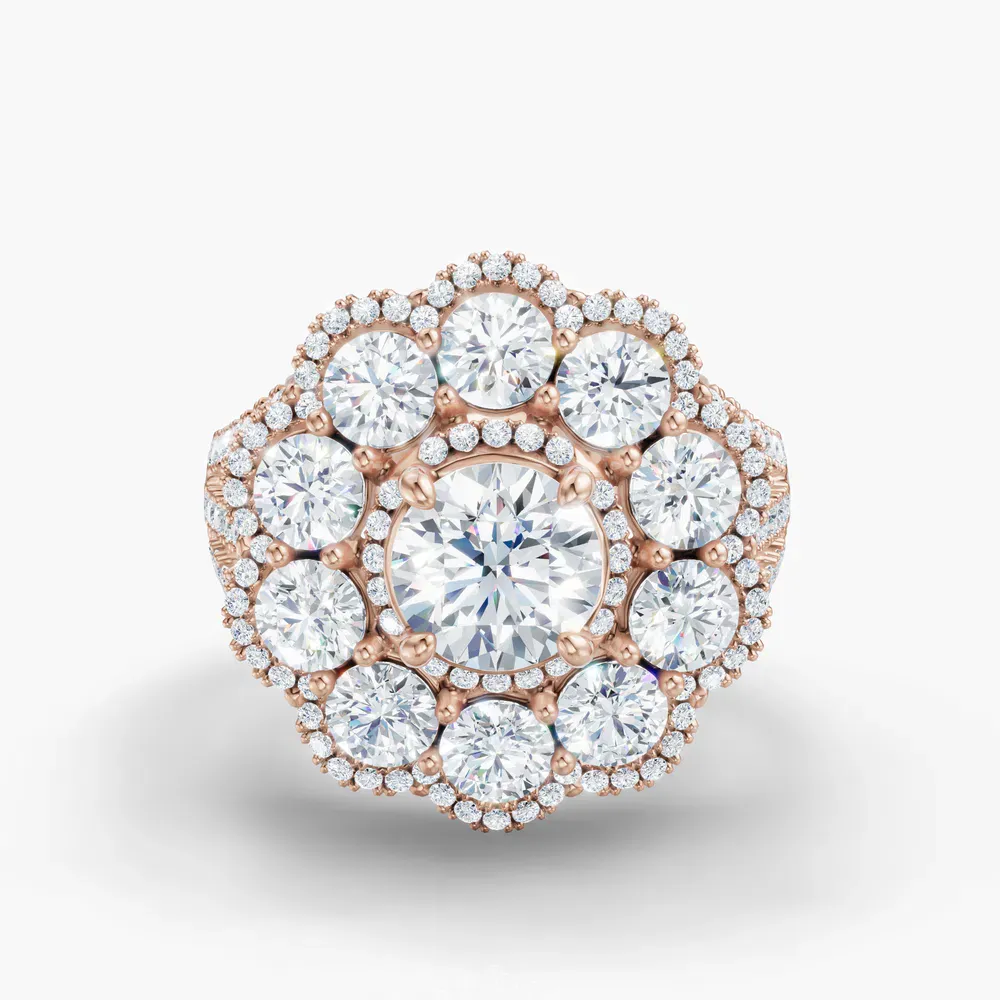 Certified 1 carat Lab Grown Diamond Round Cut Floral, Cluster, Split Shank Engagement Ring in 14K Rose Gold-Moss