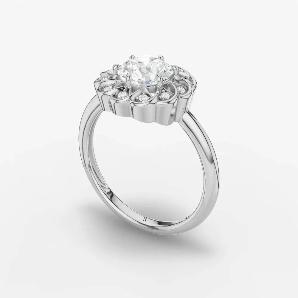 Certified 1 carat Lab Grown Diamond Round Cut Floral, Nature inspired, Six Prong Engagement Ring in 14K White Gold-Gleam