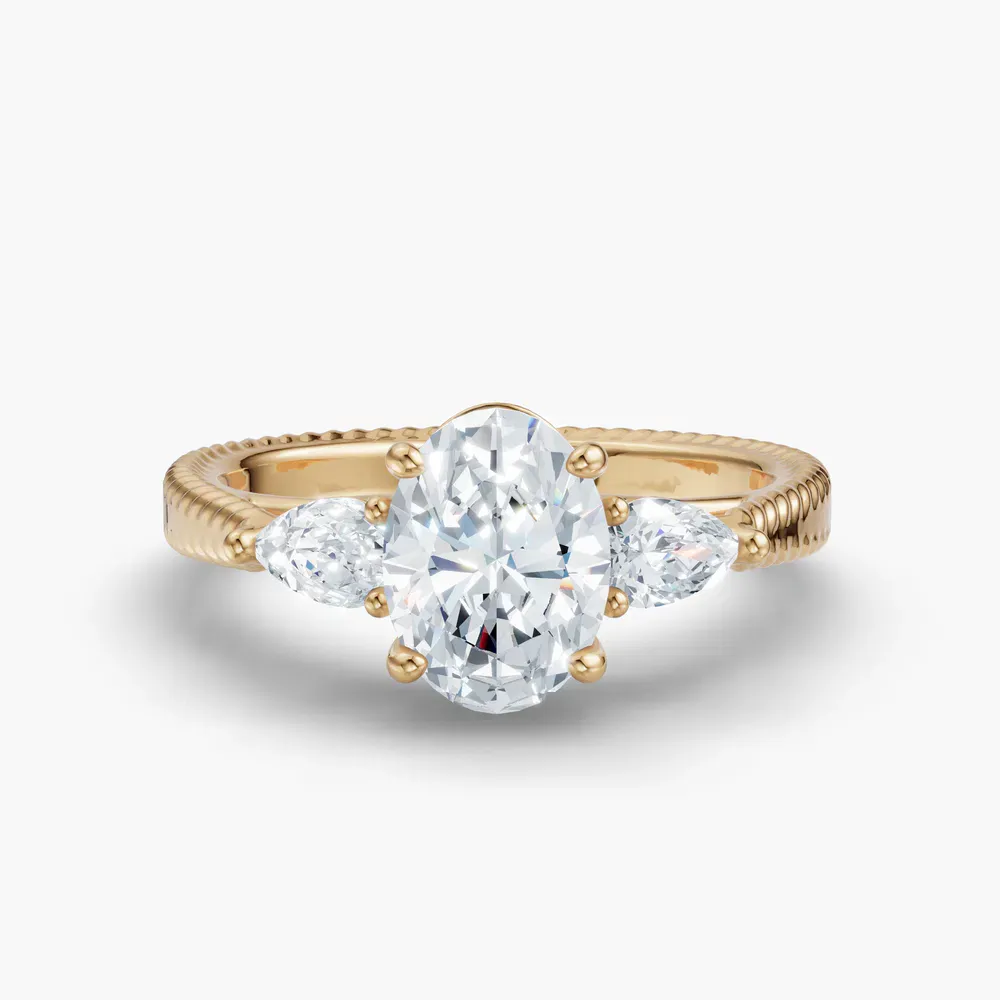 Certified 1 carat Lab Grown Diamond Oval Cut Three Stone, Side Stone Engagement Ring in 14K Yellow Gold-Eeli
