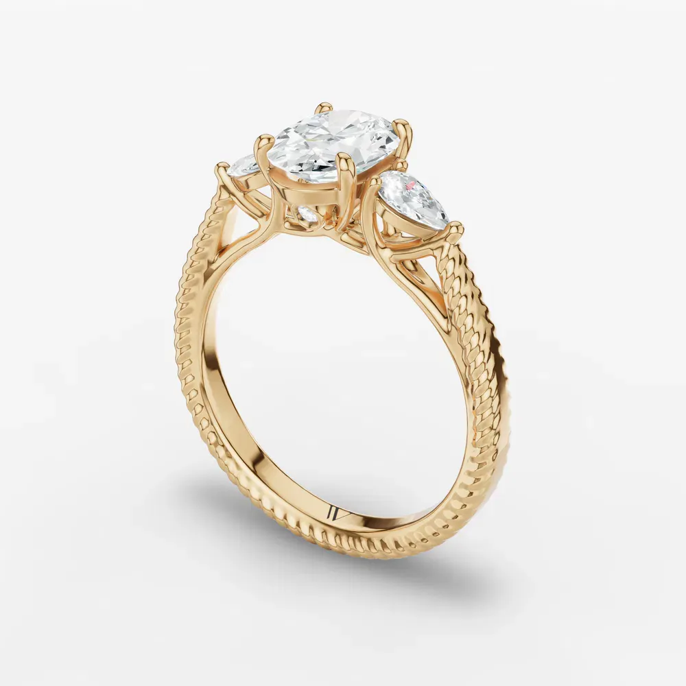 Certified 1 carat Lab Grown Diamond Oval Cut Three Stone, Side Stone Engagement Ring in 14K Yellow Gold-Eeli