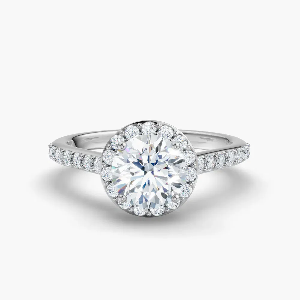 Certified 1 carat Lab Grown Diamond Round Cut Pavé, Halo, Cathedral Engagement Ring in 14K White Gold-Kvolt